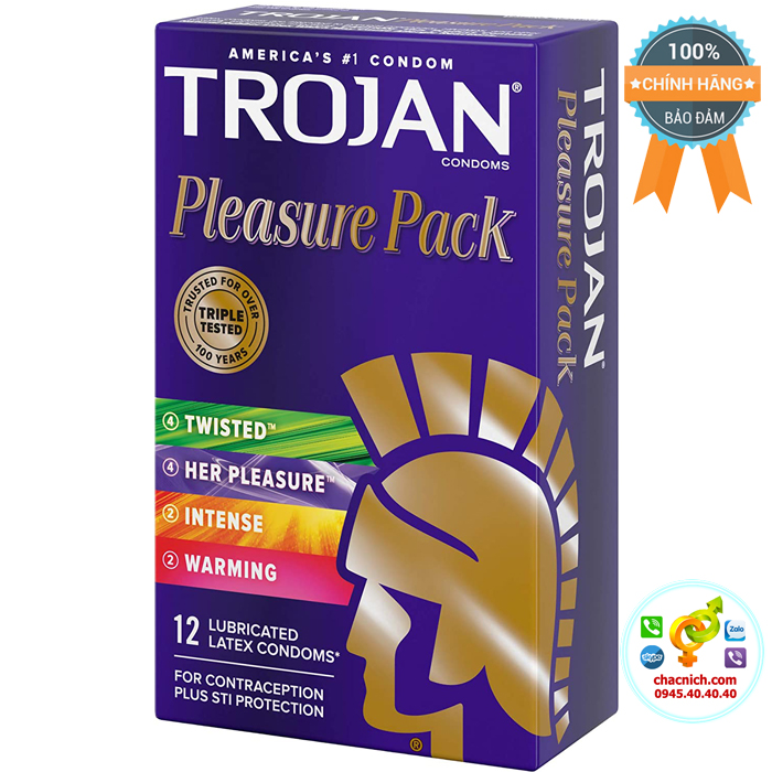 Hộp 12 bao cao su cao cấp tổng hợp nhiều loại Trojan Pleasure Pack